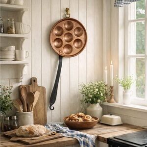 Vintage Danish Copper Aebleskiver Pan Hand Forged Scandinavian Kitchen Decor